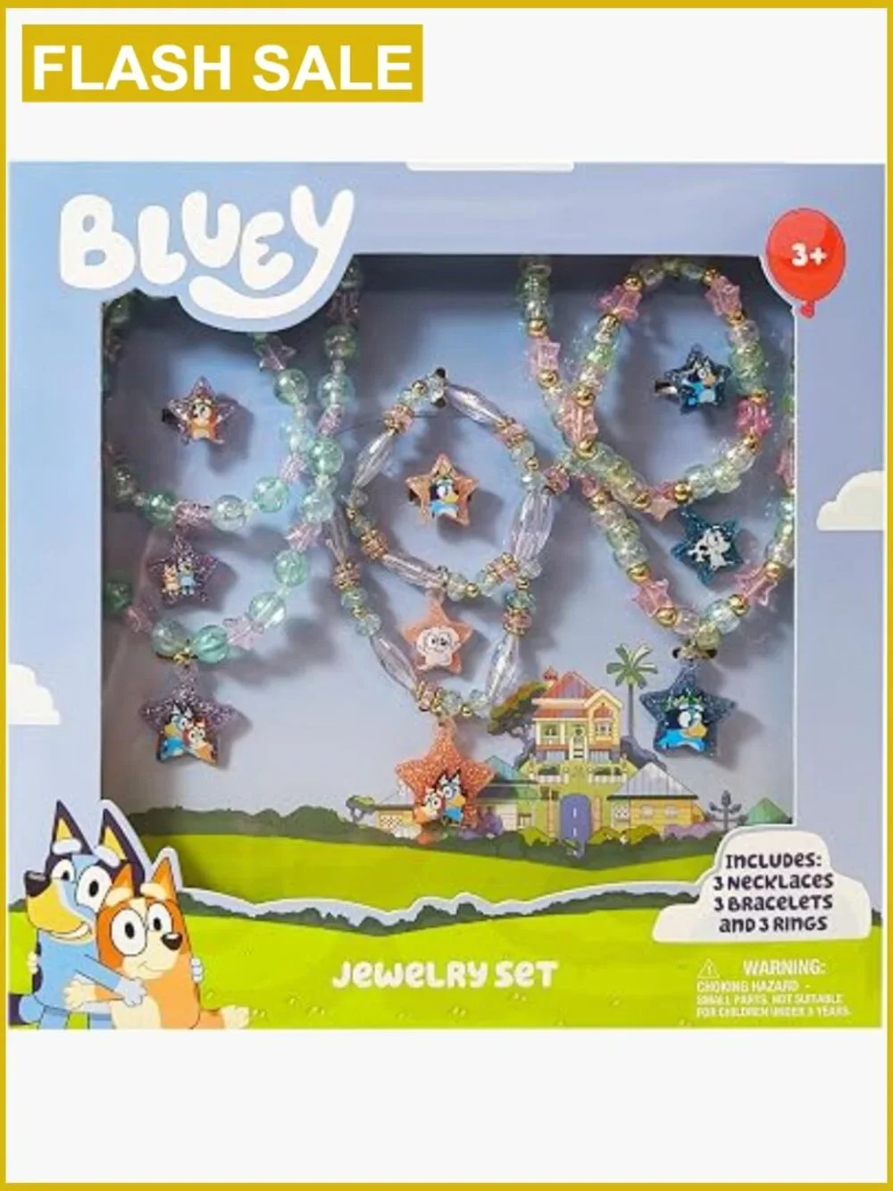 Bluey Kids Jewelry Set - 3 Necklaces, 3 Bracelets, 3 Rings - Dress Up Toy